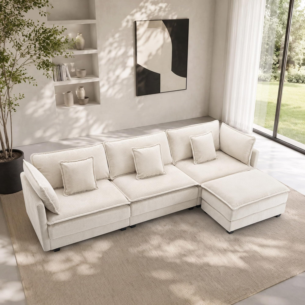 113" Modular Sectional Sofa with Movable Ottoman, 4-Seat L Shaped Corduroy Cloud Couch with Deep Seats and Pillows, Modern Sectional Sofa Set for Living Room, Apartment,Beige