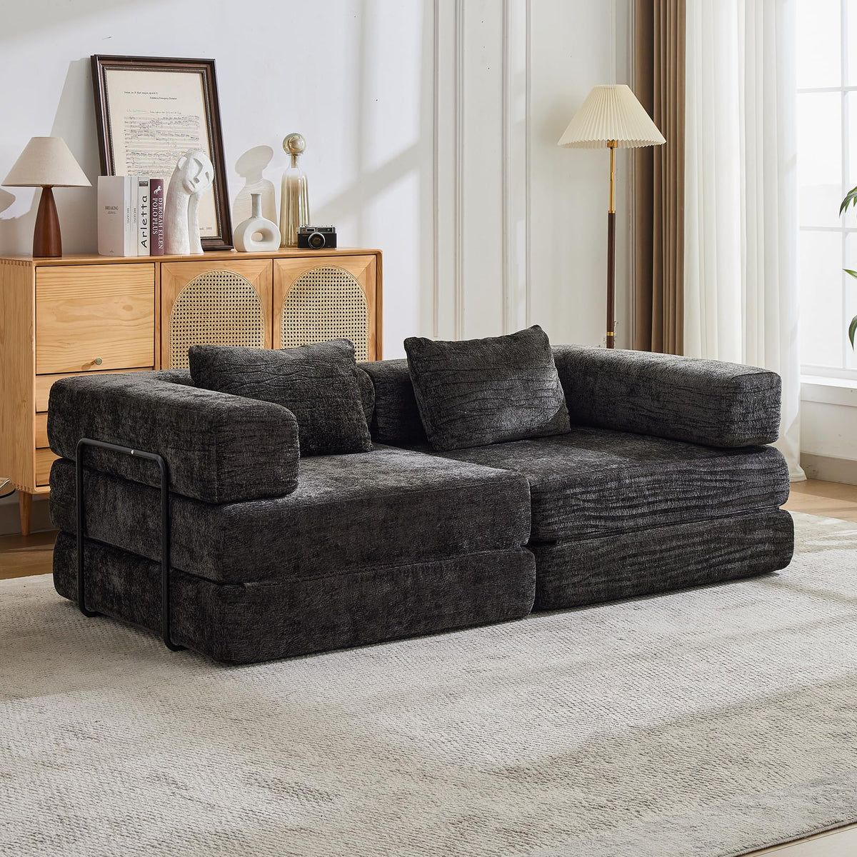 Tidyard Compression Sofa Bed, Convertible Floor Sofa with Fixed Frame, No Assembly Needed, Chenille Fabric Modular Loveseat, Easy Fold-Out Design for Living Room Bedroom, Black