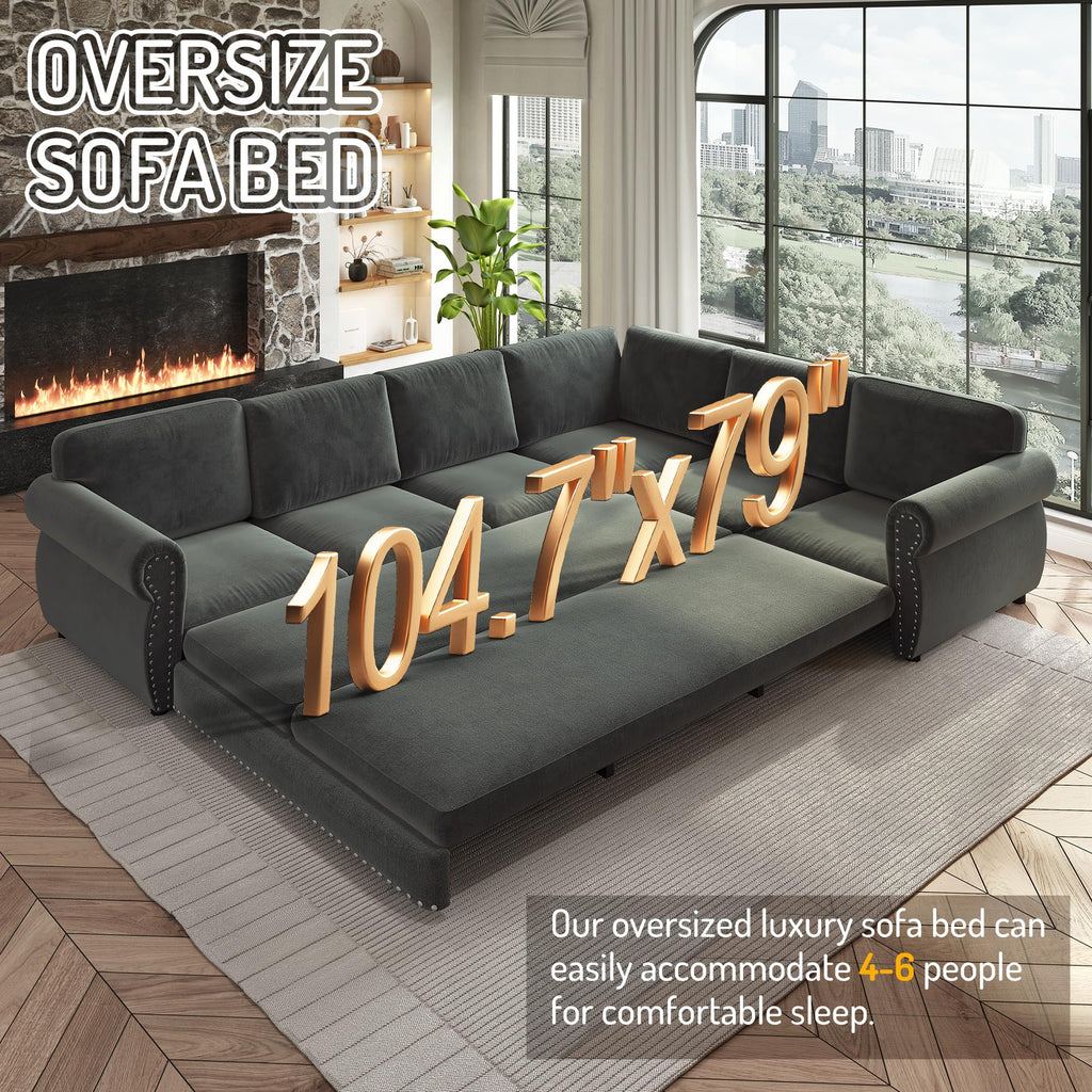 118'' Pull Out Couch, Convertible Sleeper Sofa Bed, Upholstered Sectional Sofa, Chenille L-Shaped Couch with Nailhead Trim, Modern Sectional Couches for Living Room, Apartment, Dark Grey