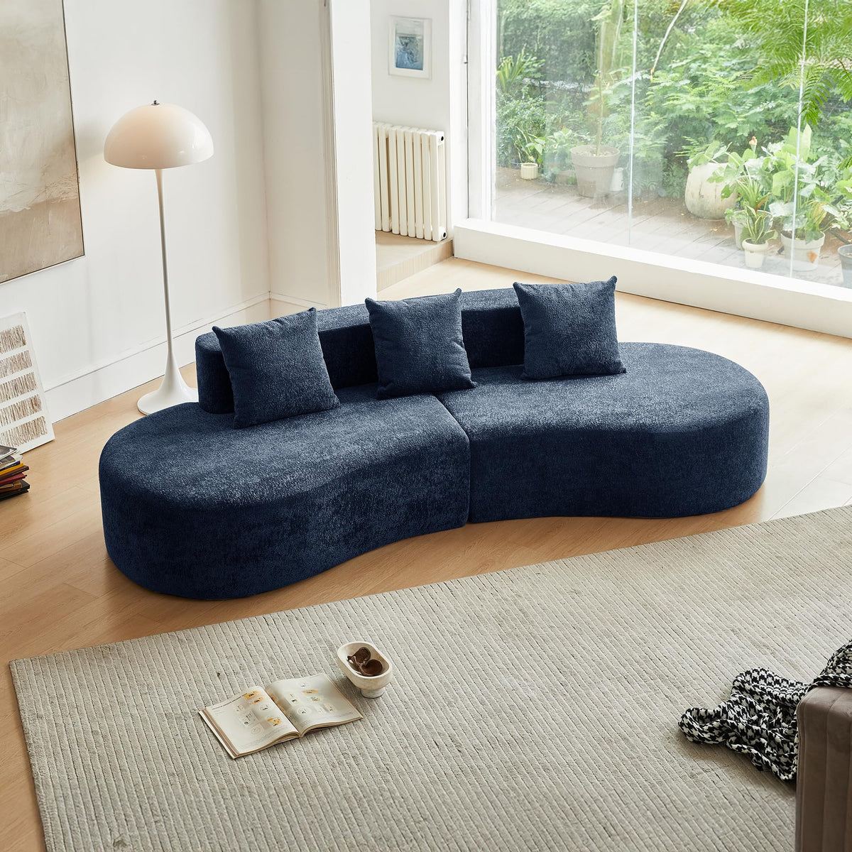 109" Oversized Curved Sectional Sofa – Modern Luxury Velvet Cloud Couch, Deep Seat Memory Foam Curved Couch with 3 Pillows, Compressed Boneless Sofa for Living Room, Apartment, Office, Blue