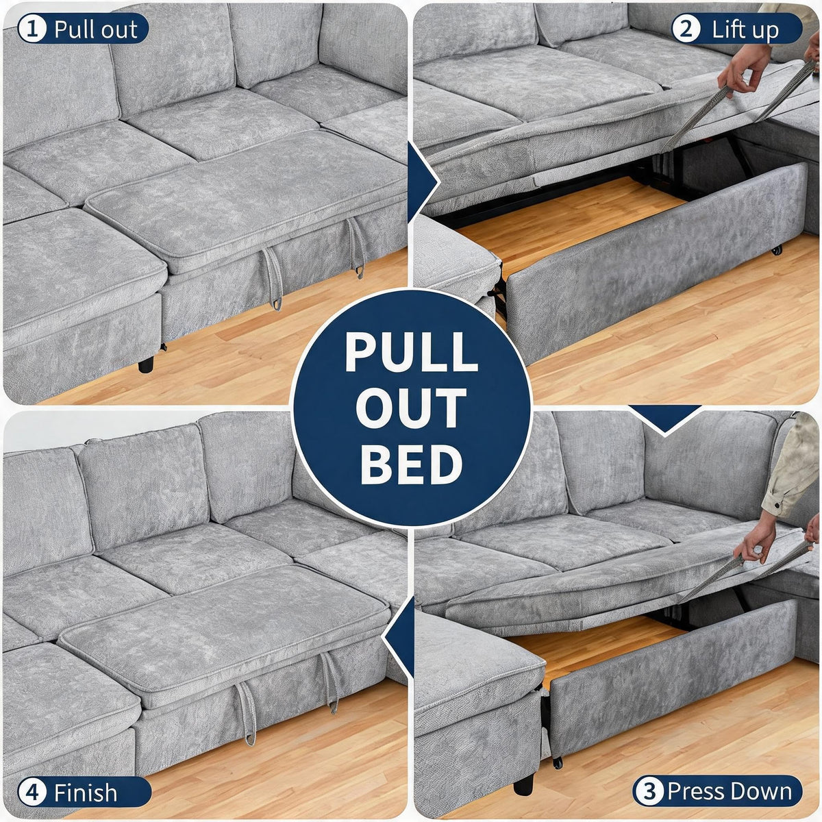 116" Modular Sectional Couch, U Shaped 7 Seater Sofa with Pull Out Bed, Chenille Cloud Upholstery, Ottoman, Folding Side Table, USB Charging Stations, Grey