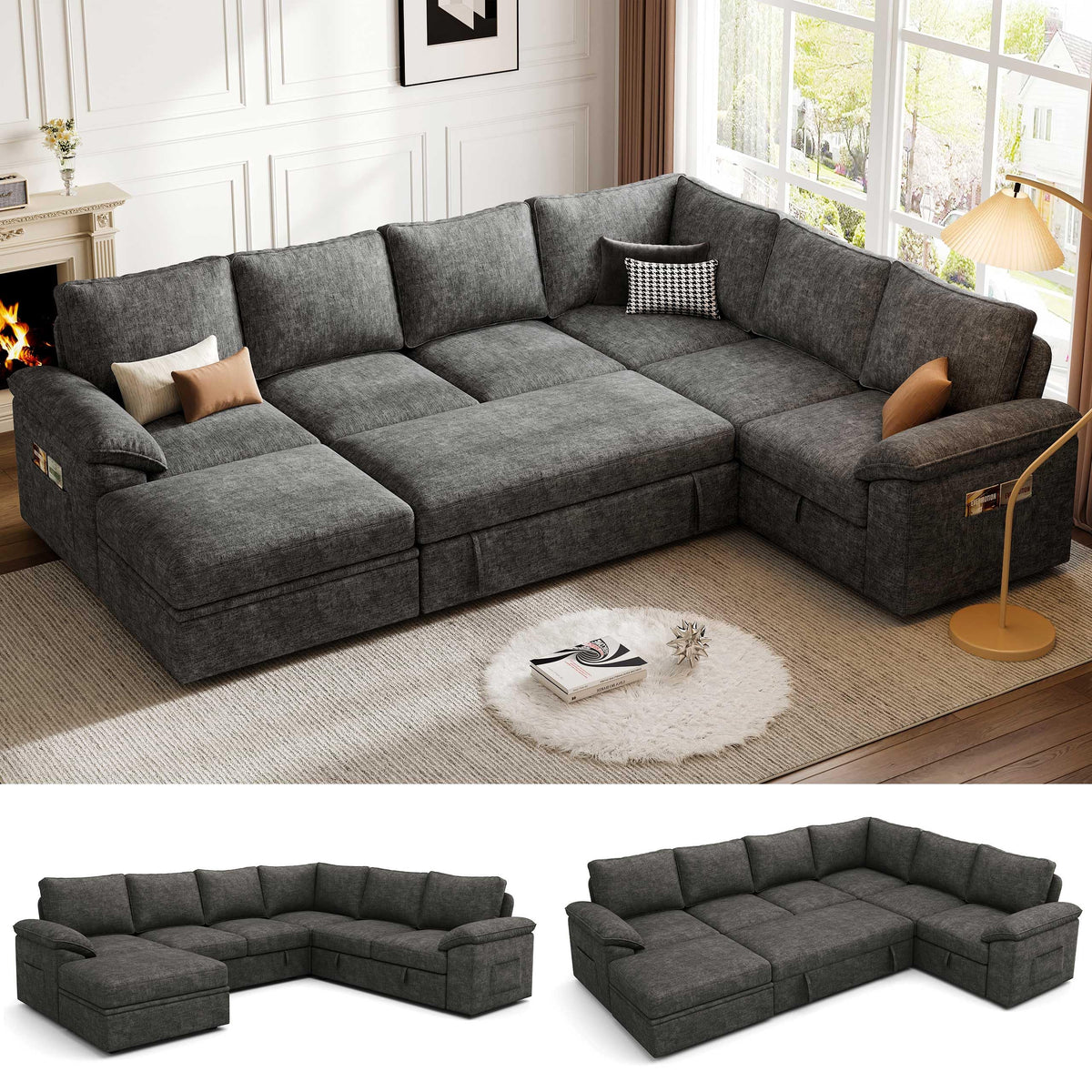 Weture 108" Modular U Shaped Sectional Sofa with Pull Out Sleeper Bed and Storage, 7 Seater Cloud Couch for Living Room, Light Grey