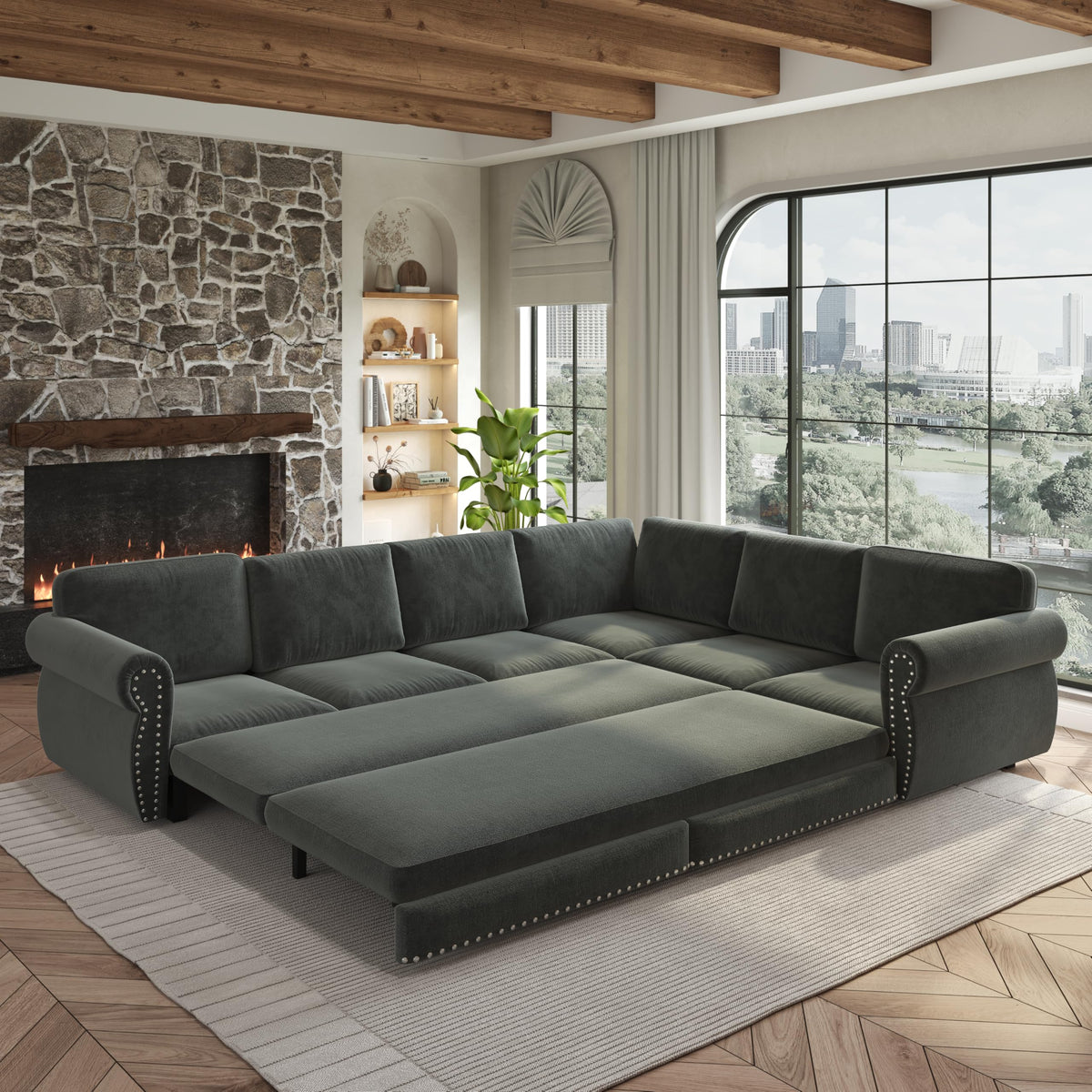118" L-Shaped Sectional Sleeper Sofa Bed with Pull Out Couch, Dark Grey