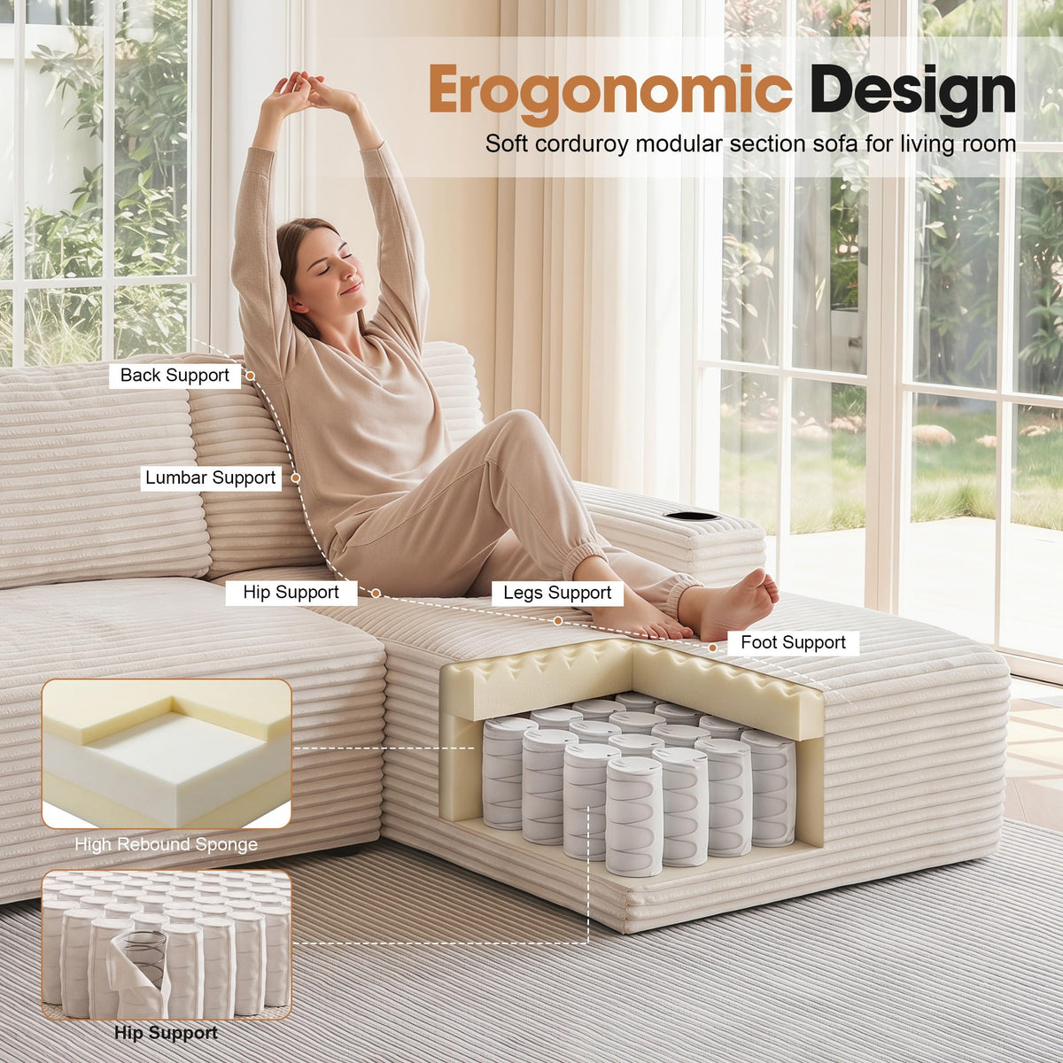 133.4" U-Shaped Cloud Sectional Couch for Living Room, Modern Minimalist Sofa with Cup Holders, Upholstered Corduroy Boneless Couch, Modular Sectional Sofa, No Assembly Required, White