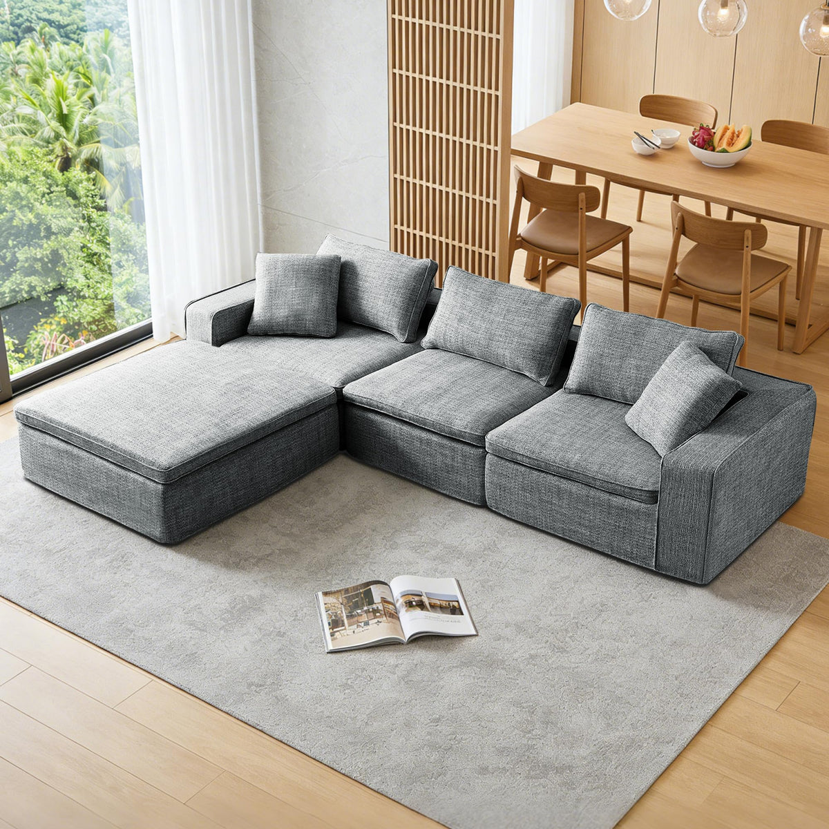 131" Cloud Modular Sofa, Oversized Sectional Couch with Washable Linen Fabric Covers, Large L-Shaped Deep Seat Sofa with Ottoman,7 Seater Down Filled Convertible Furniture for Living Room (Beige)