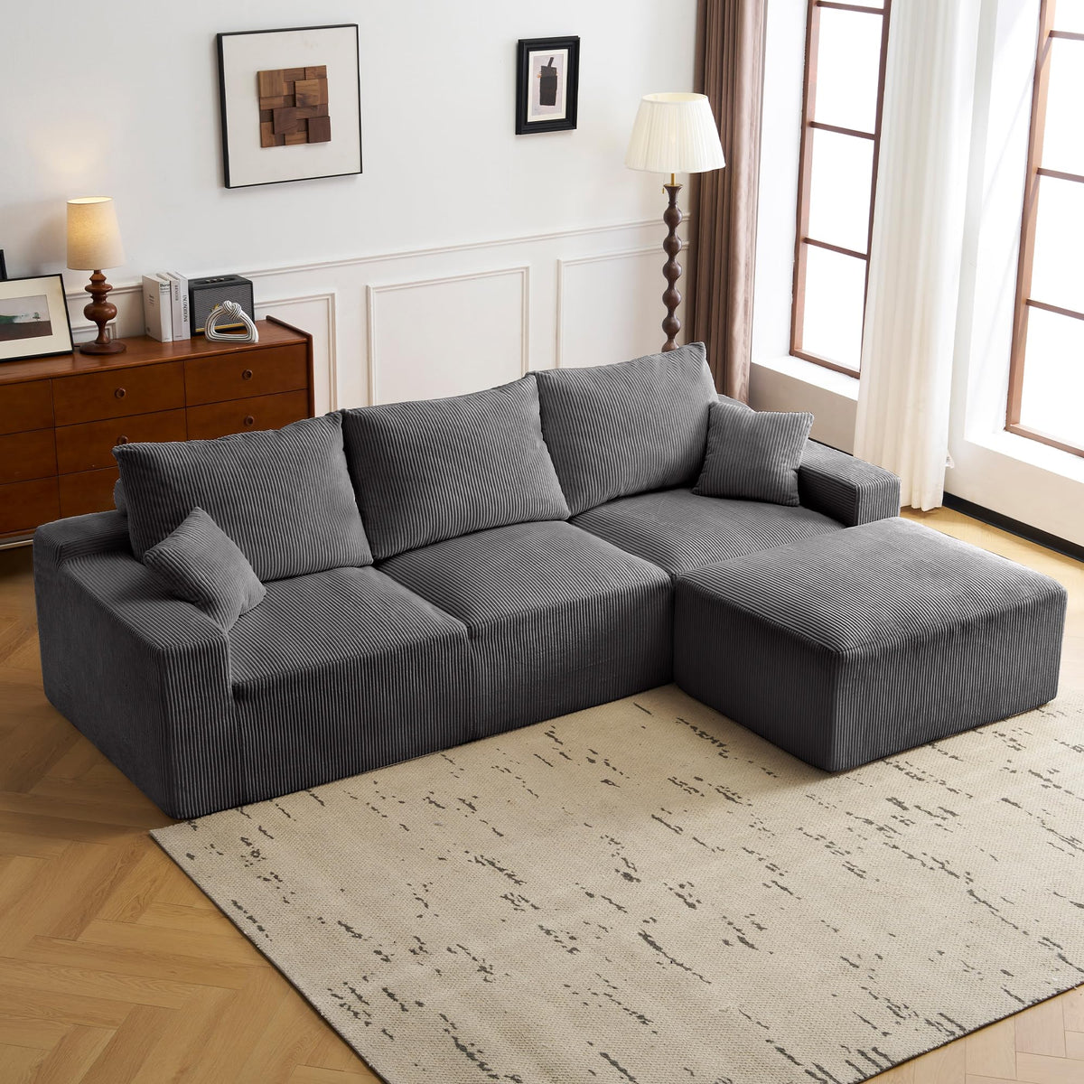 110" L Shaped Sectional Sofa, Full Compression 3 Seater Cloud Couch with Chaise, No Assembly Required Sofa for Living Room, Ultra Soft Deep Seat Modular Sofa(Corduroy, Grey) EN161