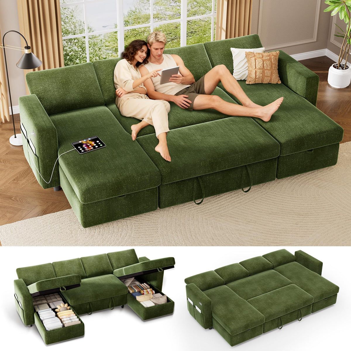 Vipbear 106" Sectional Sleeper Sofa with Pull Out Bed, U Shaped Couch Sleeper Sofa Bed, Pull Out Couch with Reclining Backrest, Double Storage Chaise, USB Ports, Tool-Free Assembly, Chenille Grey