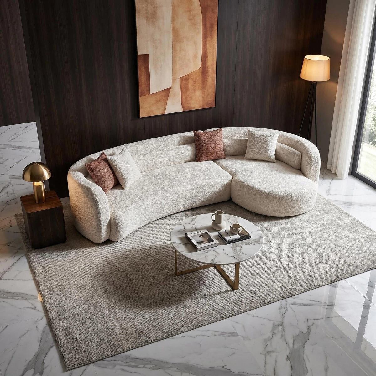 132" Oversized Curved Sectional Couch, Right Chaise Boucle Cloud Sofa for Living Room, Deep Seat L Shaped Sofa with Chaise, Modular Comfy Couch, Modern Beige Sectional Furniture