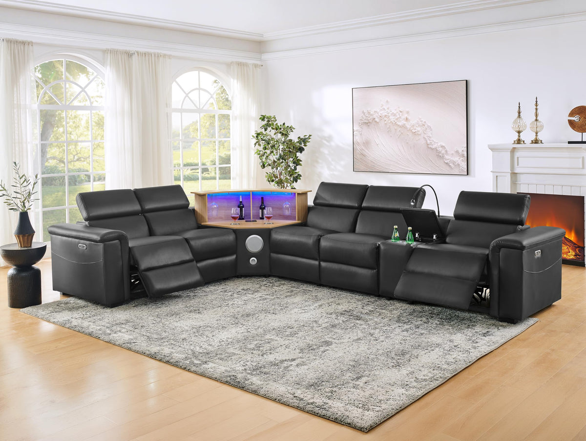130" L-Shaped Power Reclining Sectional Sofa 5 Seater，Leather Electric Recliner Couches for Living Room with Motorized Lift Cabinet & loudspeakers Ambient LED, Black