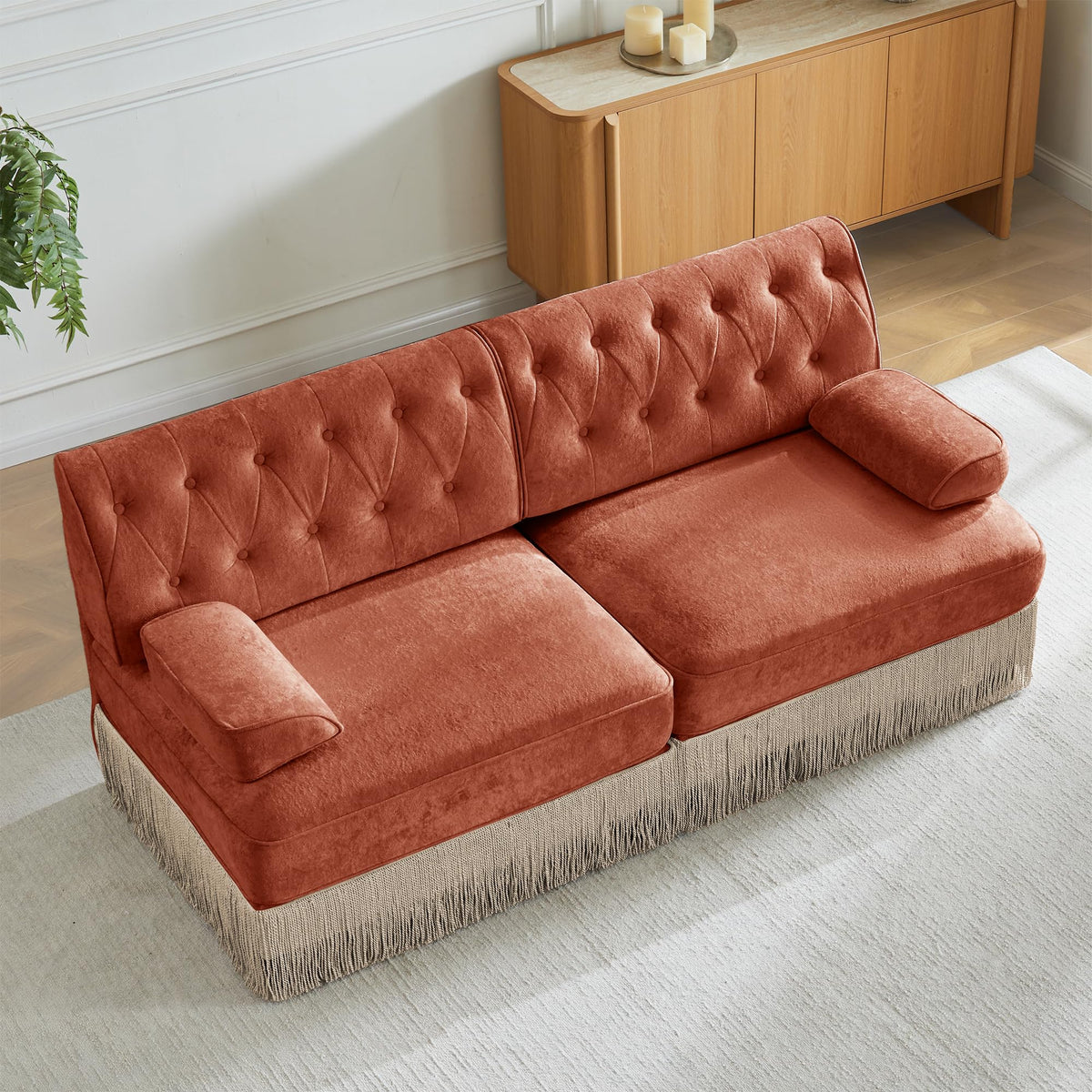 Unique Chesterfield Style Modular Sectional Sofa, 135.6” L-shaped Boneless Sofa with Velvet Fabric, Floor-grazing Tassel Fringe Skirt and Button Tufted Design for Living Room, Easy to Assemble, Beige