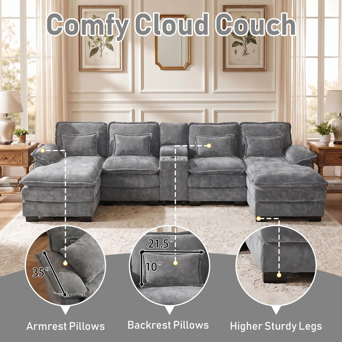 133" U Shaped Sectional Sofa with Double Chaise and Console, Grey