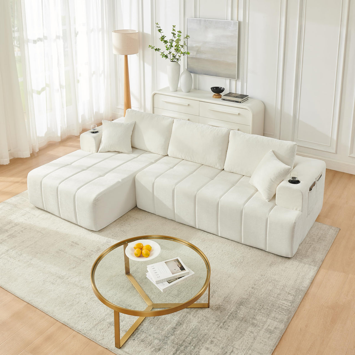 108" Oversized Cloud Boneless Sofa Couch with Chaise, Modern Tufted Chenille L Shaped Modular Sectional Sofa with Deep Seat, Comfy Corner Couch with Cupholders and Storage, No Assembly Required