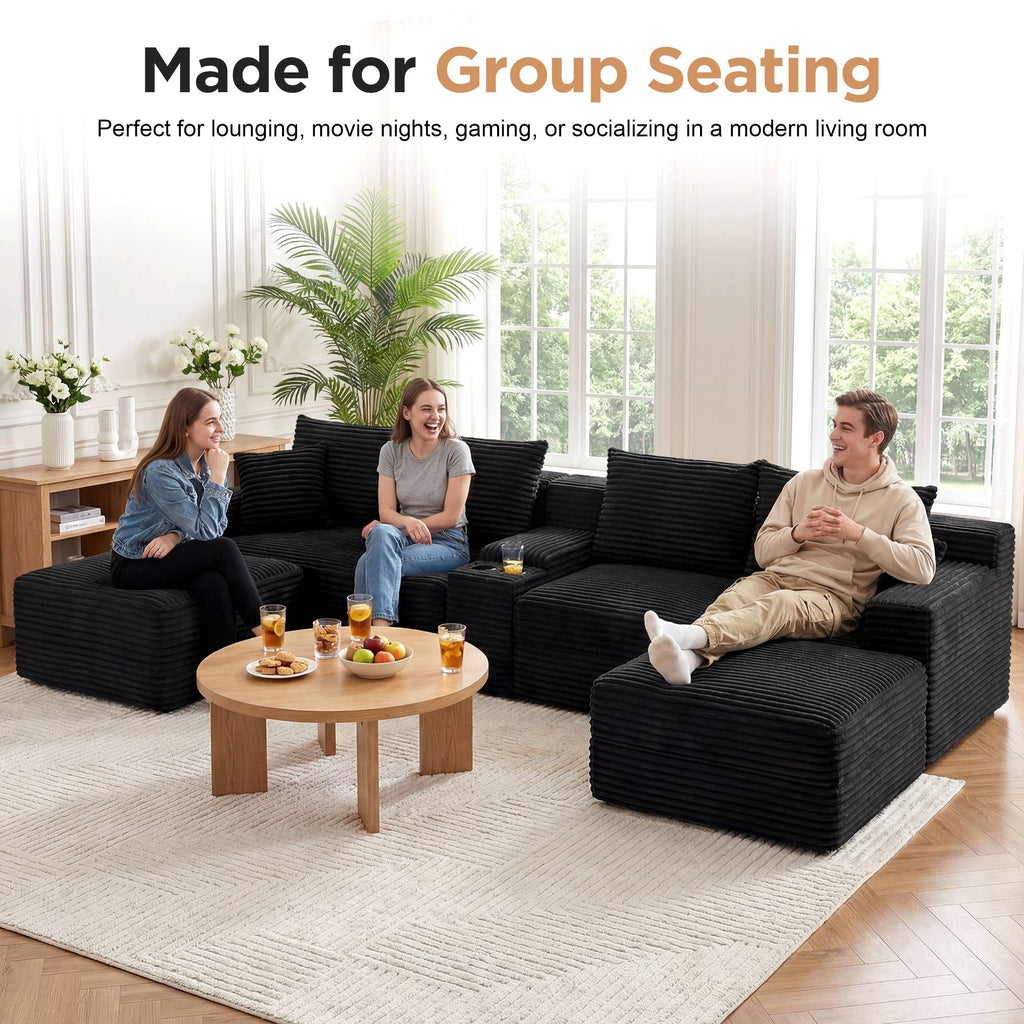 127” U-Shaped Cloud Sectional Couch for Living Room, Modern Boneless Corduroy Sofa with Chaise ‌and Console, Include 2 Cup Holders, Storage Space and USB Ports, No Assembly Required, Black