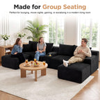 127” U-Shaped Cloud Sectional Couch for Living Room, Modern Boneless Corduroy Sofa with Chaise ‌and Console, Include 2 Cup Holders, Storage Space and USB Ports, No Assembly Required, Black