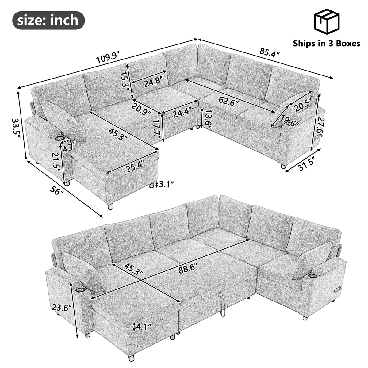 109.9" Sectional Sofa Sofa Bed Sofa Sleeper U Shaped Sofa with Ample Storage Space, Two Cup Holders and Charging Ports for Living Room, Beige