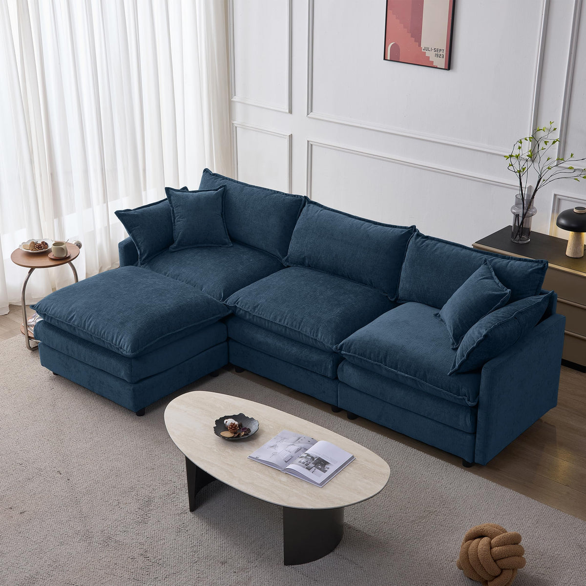 105 Inch Modular L Shaped Sofa with Ottoman, 3 Seater Chenille Fabric Sectional Couch, Independent Pocket Spring & High Density Foam Cushion, Solid Wood Frame Tool (Three White Seats)