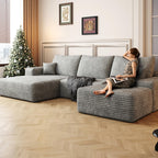 107" Plush Corduroy Deep Seat Chaise Lounge Indoo, Modern Boneless Compressed Floor Sectional Sofa with High-Resilience Foam, Free Combination Modular Cloud Sectional Sofa for Living Room, Grey