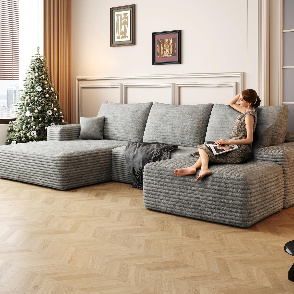 107" Plush Corduroy Deep Seat Chaise Lounge Indoo, Modern Boneless Compressed Floor Sectional Sofa with High-Resilience Foam, Free Combination Modular Cloud Sectional Sofa for Living Room, Grey