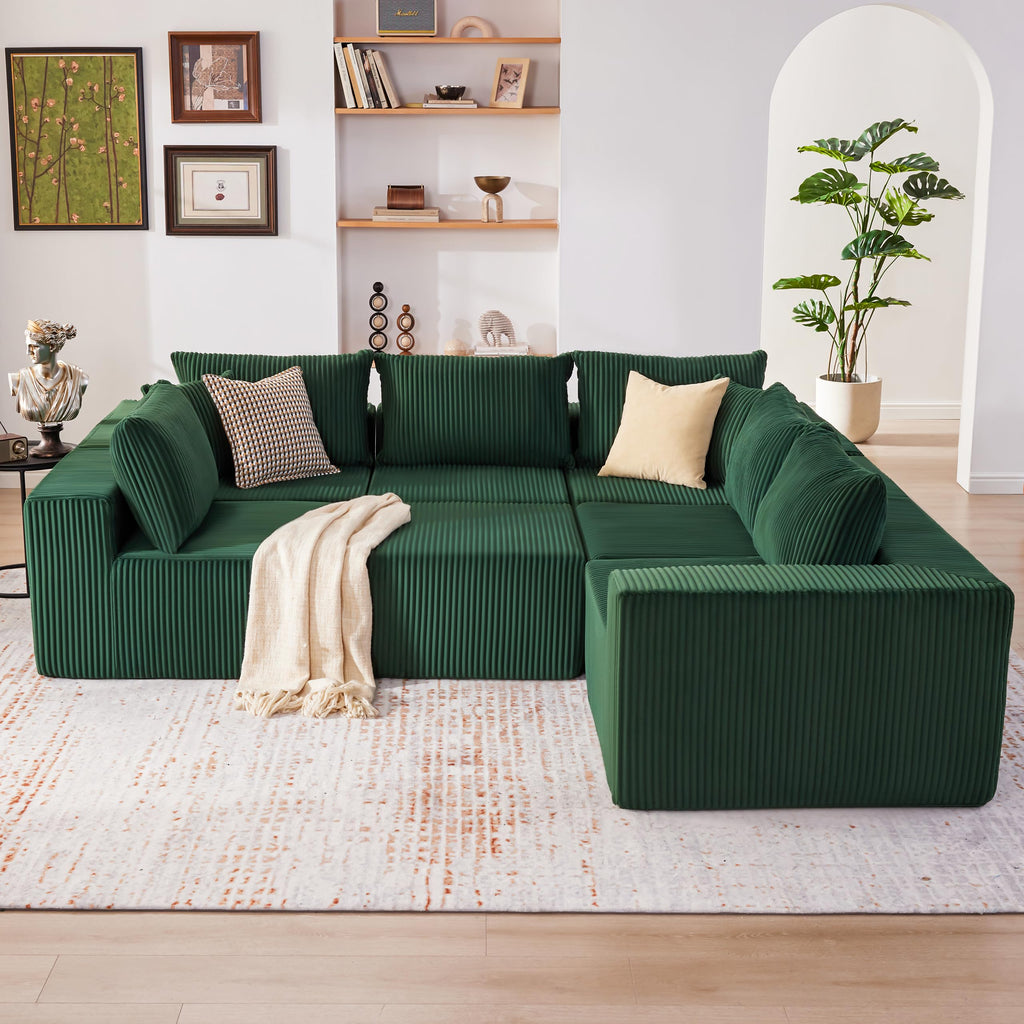 U-Shaped Boneless Couch, Cloud Couch Sectional, Modular Sofa with Deep Seat, Convertible Sectional Couches for Living Room, Plush Corduroy U Shaped Boneless Couch (Green, 6 Seater & 1 Ottoman)