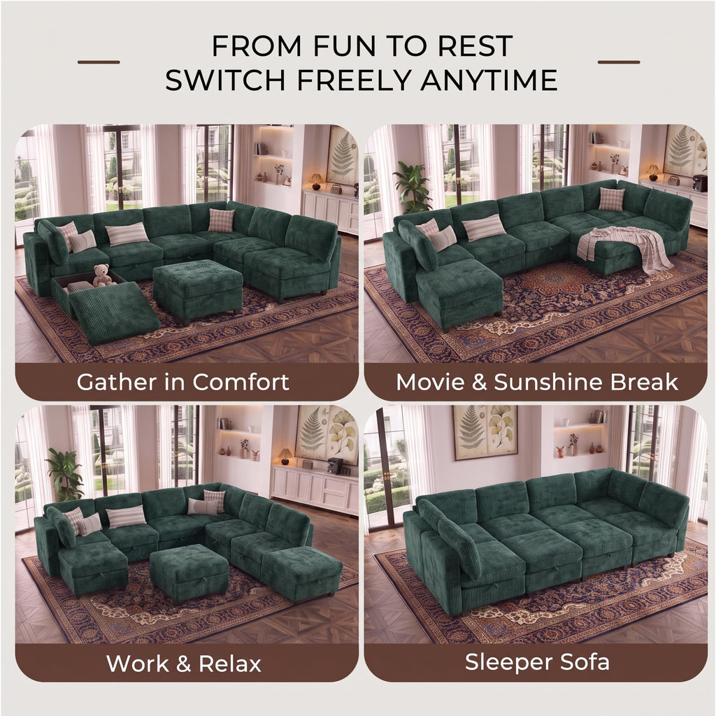 125" Modular Sectional Sofa with Storage, 8-Seat U-Shaped Couch, Green