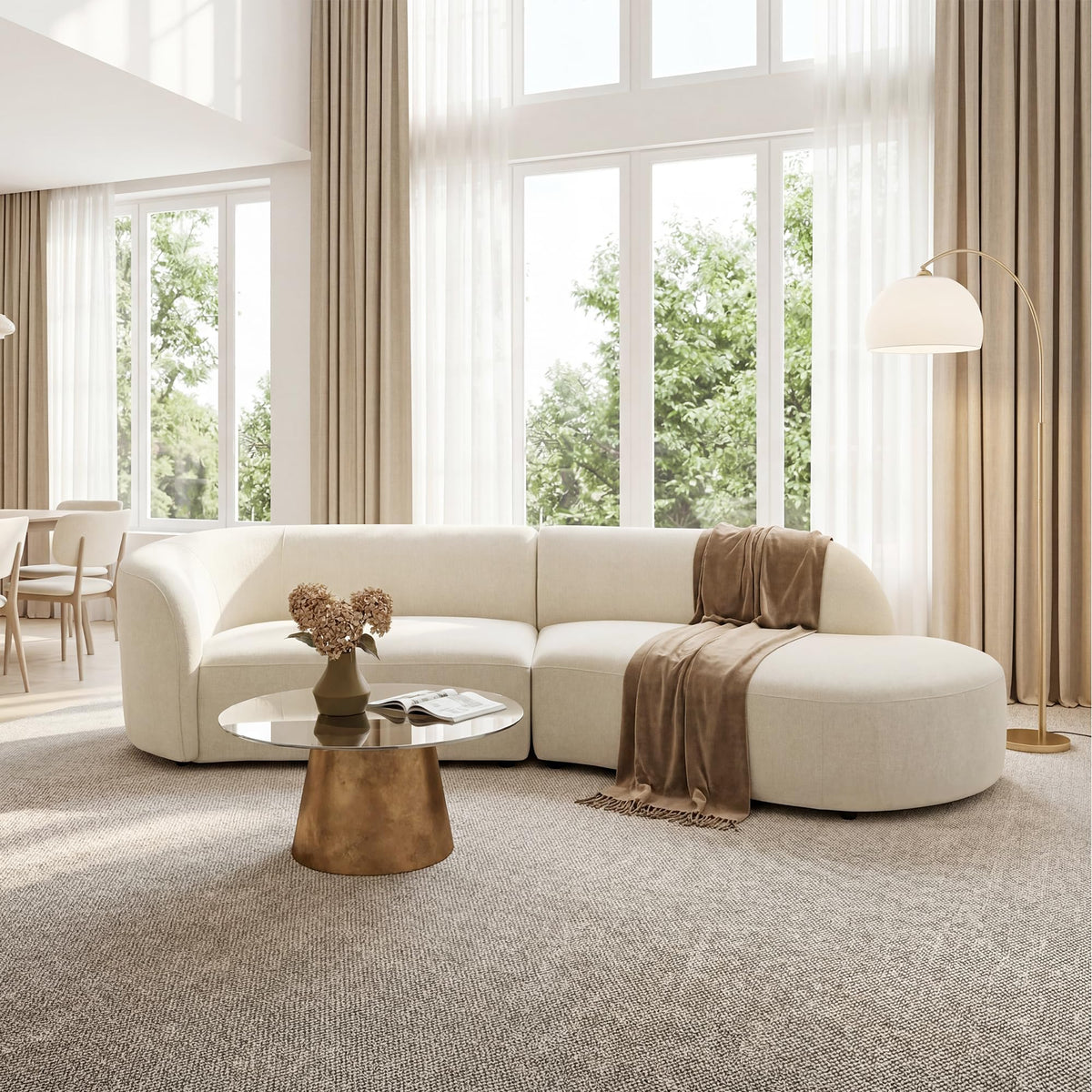118" Right-Facing Chenille Sectional Sofa with Chaise, Modern Curved Cloud Couch, Deep Seat Upholstered Sofa with Solid Wood Frame, Organic Rounded Design for Living Room, Beige