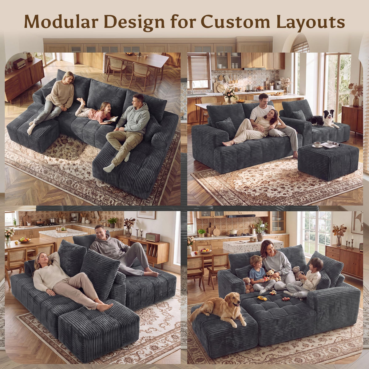 110" U Shaped Boneless Couches for Living Room, Cloud Couch with Ottoman