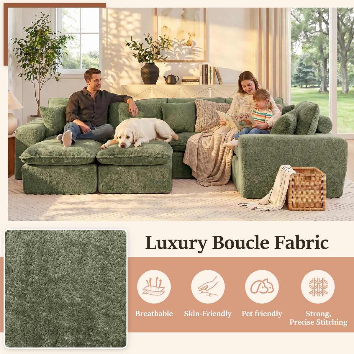 107'' Modular Sectional Sleeper Sofa, 5 Seater Corner Couch, Modern L Shaped Sectional Couch with Ottoman, Boneless Cloud Couches for Living Room (Green, L Shaped Sofa (5+2))