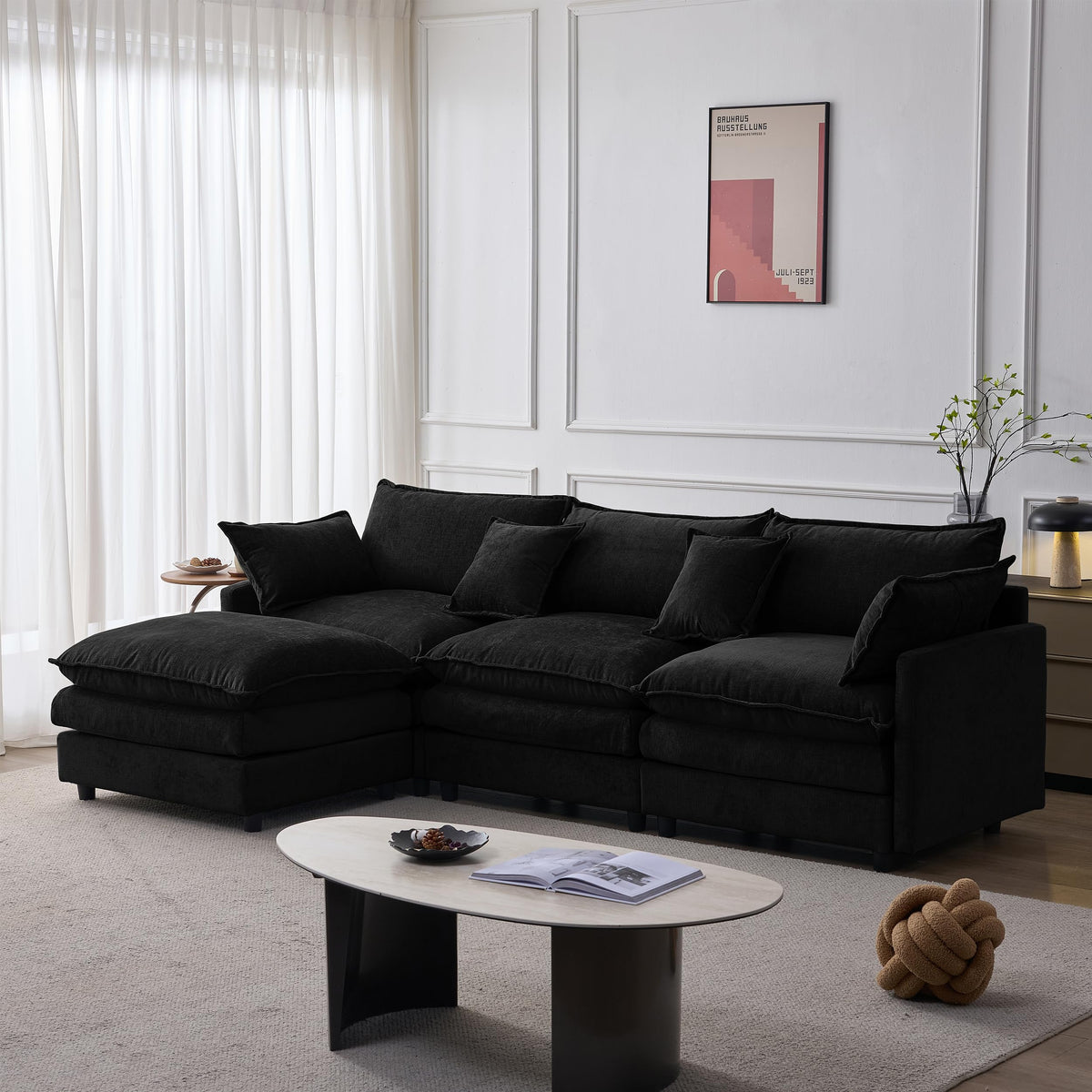 105 Inch Modular L Shaped Sofa with Ottoman, 3 Seater Chenille Fabric Sectional Couch, Independent Pocket Spring & High Density Foam Cushion, Solid Wood Frame Tool (Three White Seats)