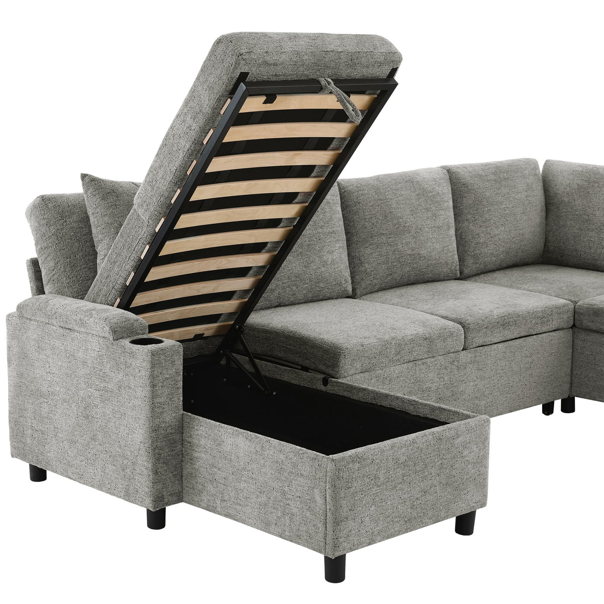 Tidyard 109.? U-Shaped Sectional Sofa with Storage, Cup Holders & Charging Ports – Convertible Sofa Bed for Living Room, Light Grey