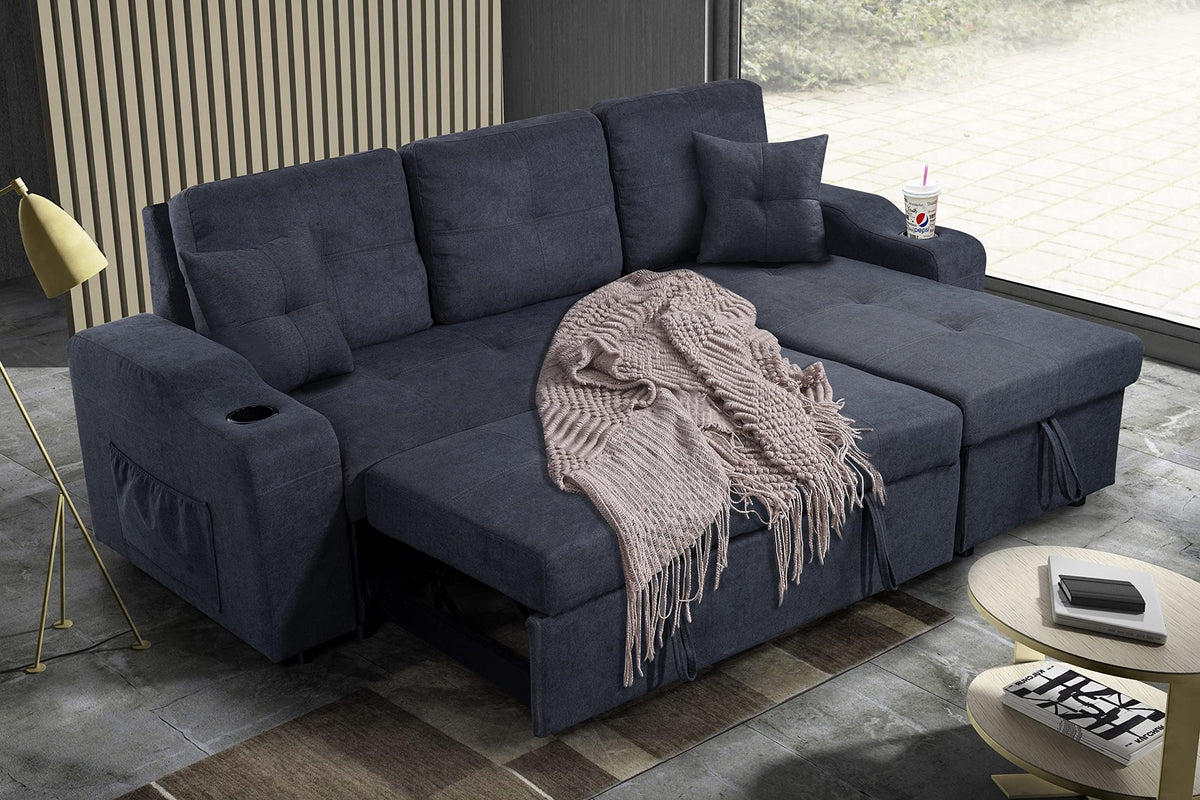 Tidyard Right-Facing Sectional Sofa with Footrest, Convertible Corner Couch with Storage Armrest, Pull-Out Sofa Bed, Double Cup Holders, Dark Grey, Modern Living Room Furniture