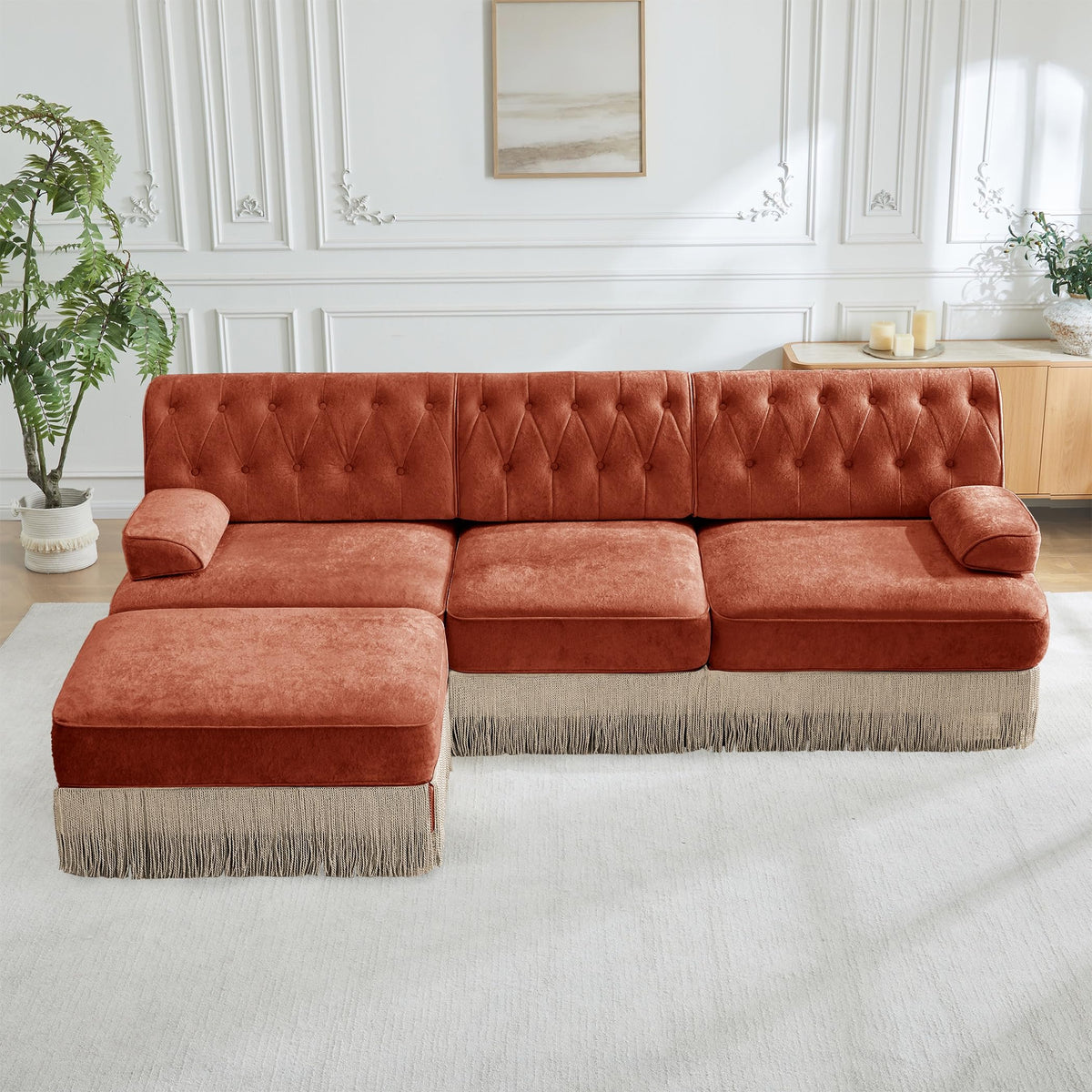 Velvet Modular Sectional Sofa, 135.6 Inch Chesterfield Style, Camel