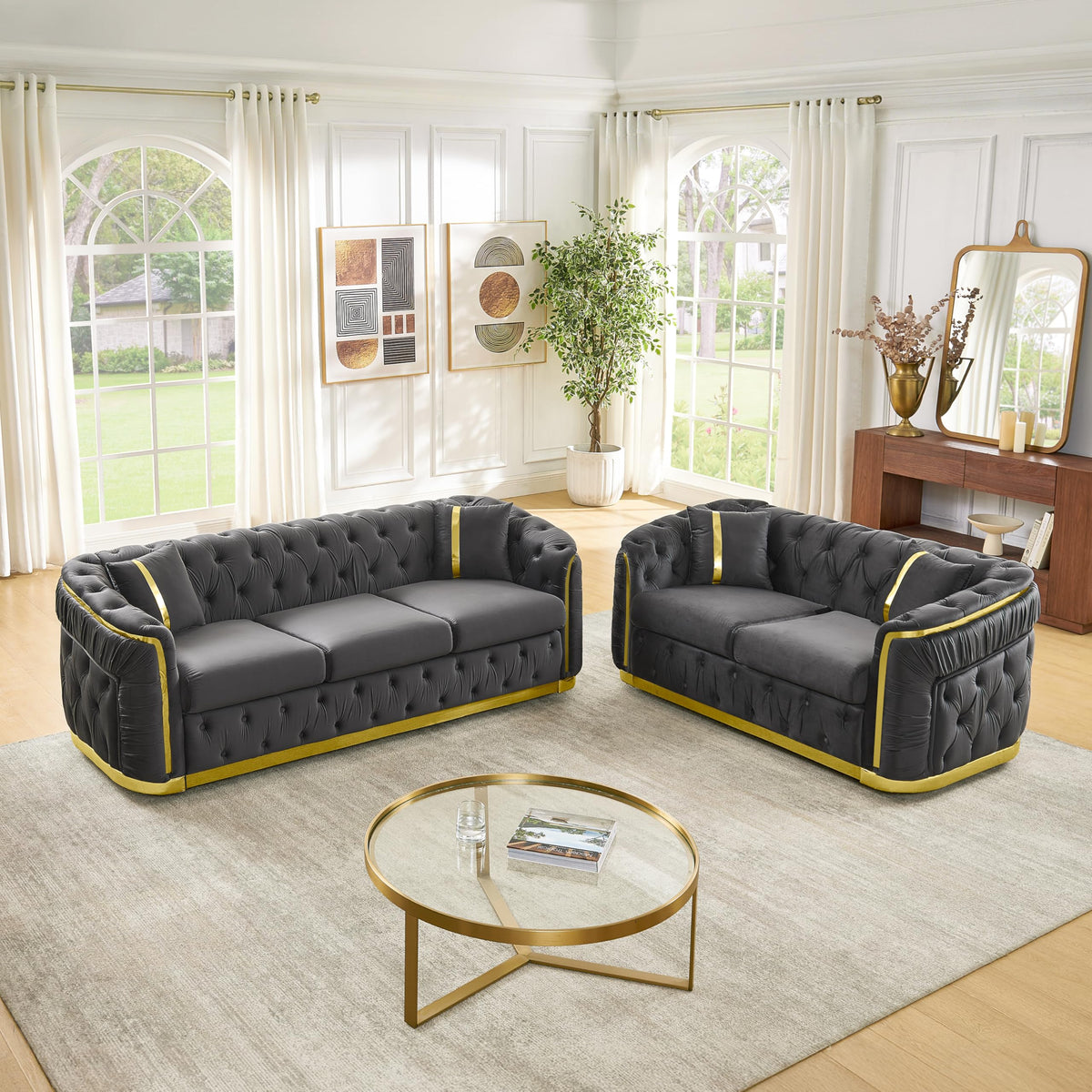 Velvet Chesterfield Sofa Set, 3-Seater and Loveseat