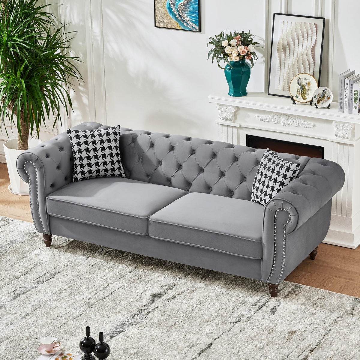 Tidyard 3-Seater Velvet Sofa with Roll Arms & Nailhead Trim, Mid Century Modern Couch for Living Room, Office, Grey