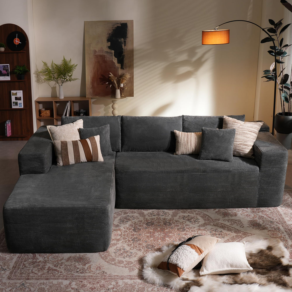106" Modular Cloud Sectional Sofa Couch - L Shaped Lounge Couches for Living Room with Chaise,Mdoren Minimalist Sleeper Sofa,Deep Seat,No Assembly Required (Black,Plush Fur, Left Facing Chaise)