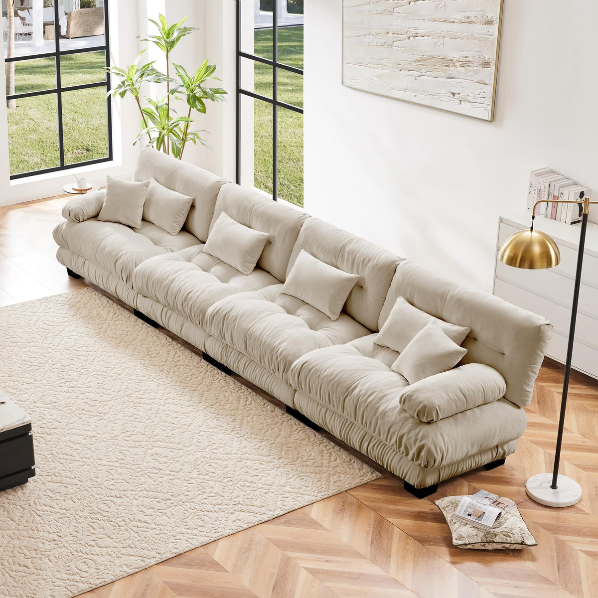 130" Modular Sectional Sofa,Velvet Upholstered Couches for Living Room,3 Seater Green Sofa Couch with Movable Ottoman,Big Comfy Loveseat Sofa with Deep Seats for Living Room,Apartment,Bedroom
