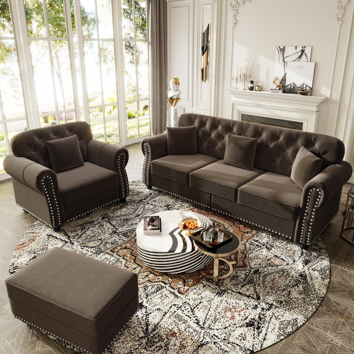 Velvet Chesterfield Sofa with Rolled Arms & Nailhead Trim, Modular Sectional Sofa Couches, Modern Cloud Sofa with Button Tufted, for Living Room, Bedroom, Small Space