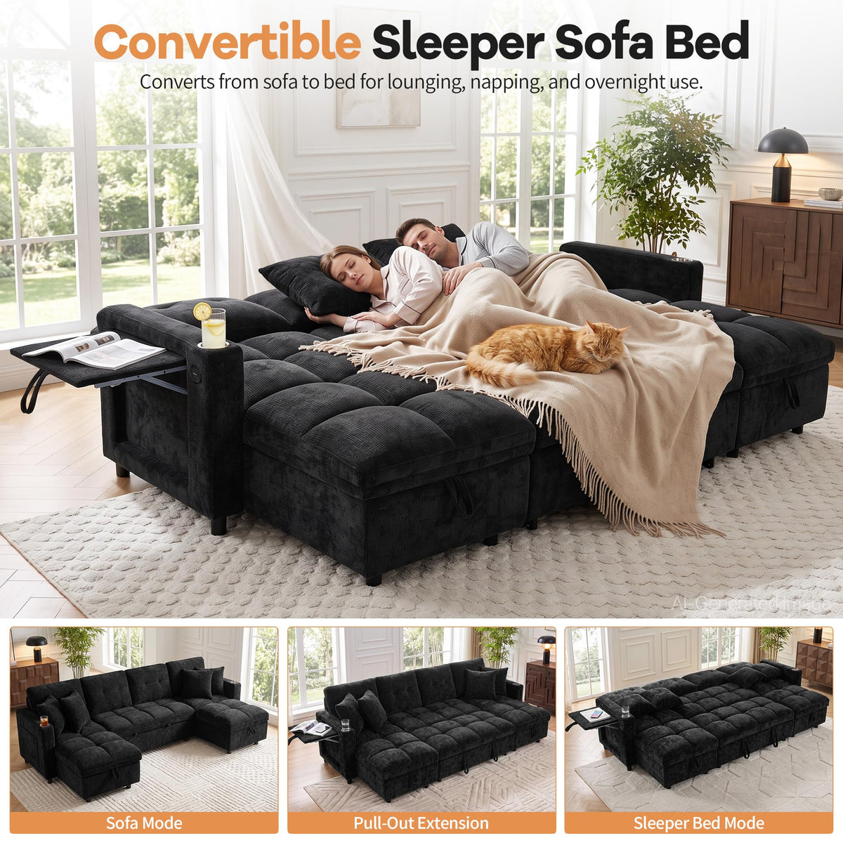 108”Pull Out Sofa Bed, U Shaped Sleeper Sofa for Living Room, Black