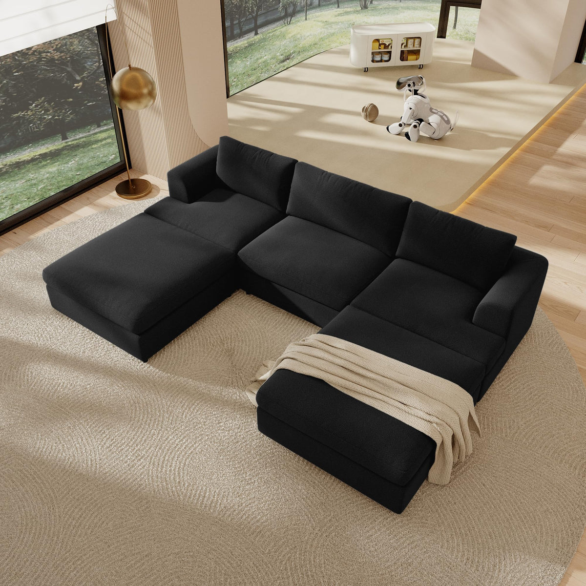 118" V Shape Sectional Sofa Couch, Modern Modular Boucle Cloud Couch with Flexible Layout, Oversized Comfy Upholstered Modular 5-Seats Sectional Couch, White