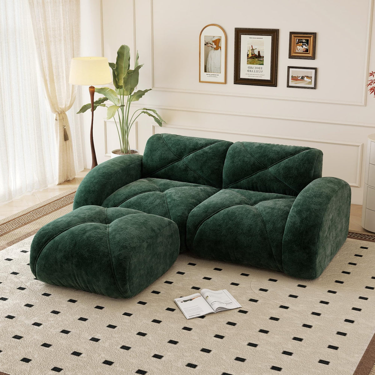 110.6" U Shaped Boneless Couch with Ottoman, Convertible Modular Sectional Cloud Sofa, Deep Seat 5 Seater Velvet Couch, 32D High Density Foam Sofas for Living Room, No Assembly Required, Camel