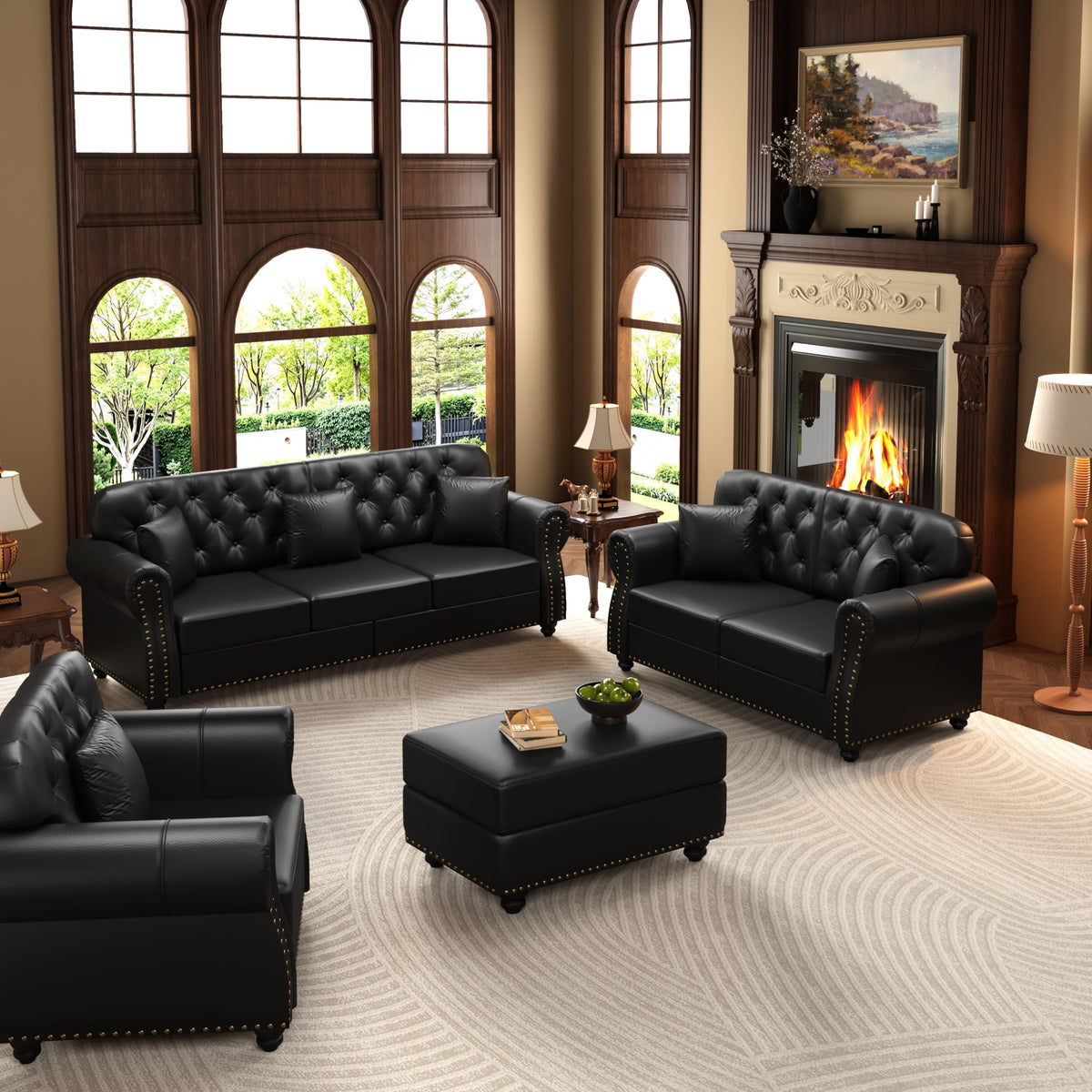 Velvet Chesterfield Sofa with Rolled Arms & Nailhead Trim, Modular Sectional Sofa Couches, Modern Cloud Sofa with Button Tufted, for Living Room, Bedroom, Small Space