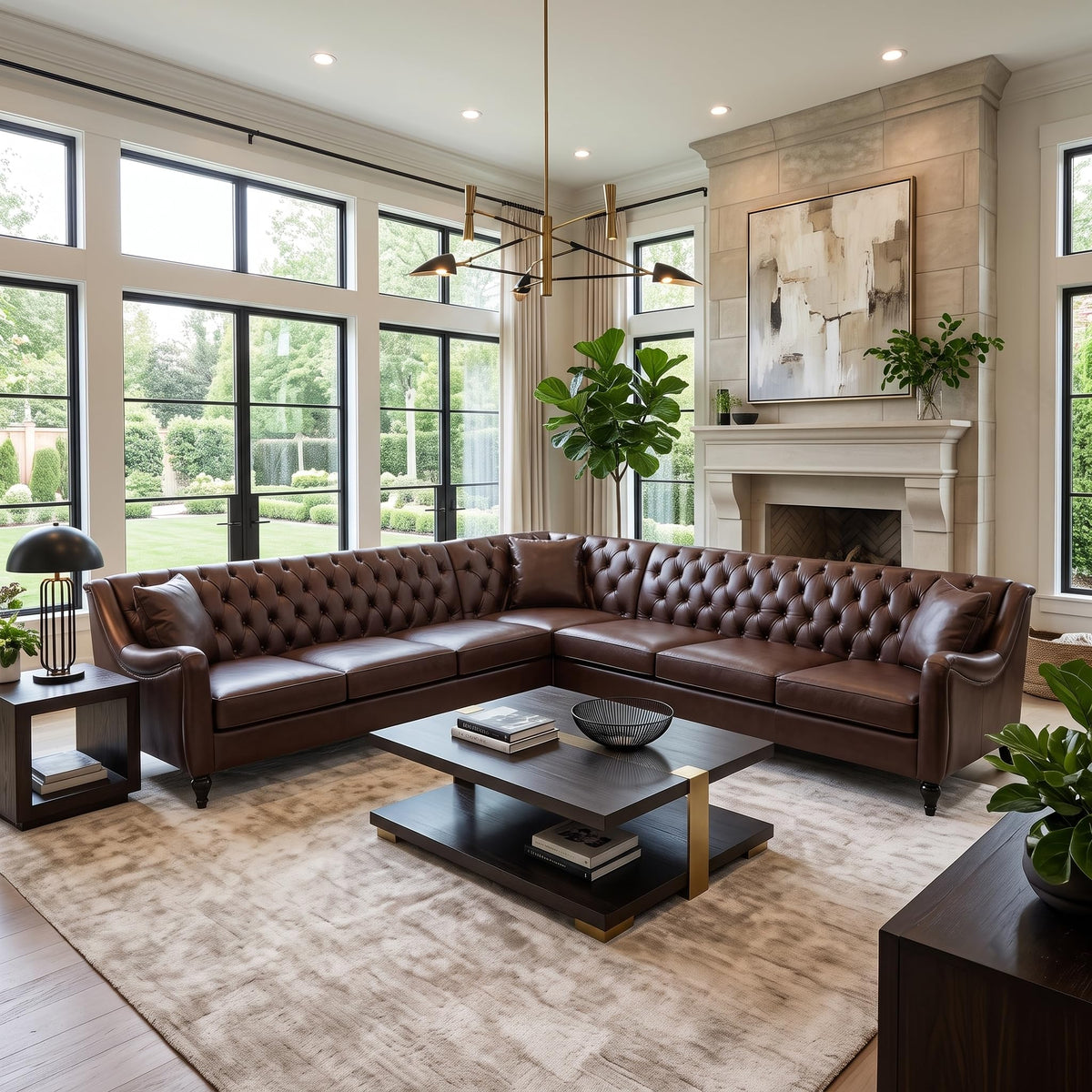 103" PU Leather Chesterfield L Shaped Sectional Sofa Couch, Dark Brown