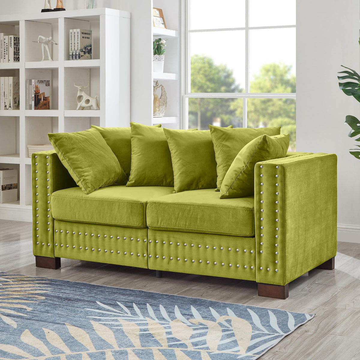 Tidyard Modern Design Velvet Loveseat Sofa with Square Arms, Silver Nail Decor, Storage, Removable Cover, Green