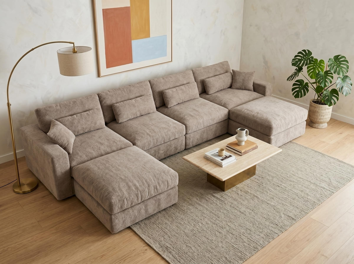 Vipbear 160" Oversized Modular Sectional Sofa, Boneless Couch for Living Room, Modern Comfy 7 Seat V Shaped Cloud Couch Sectional with Ottoman, Lumbar Pillows, 26.8" Extra Deep Seat,Terracotta Orange