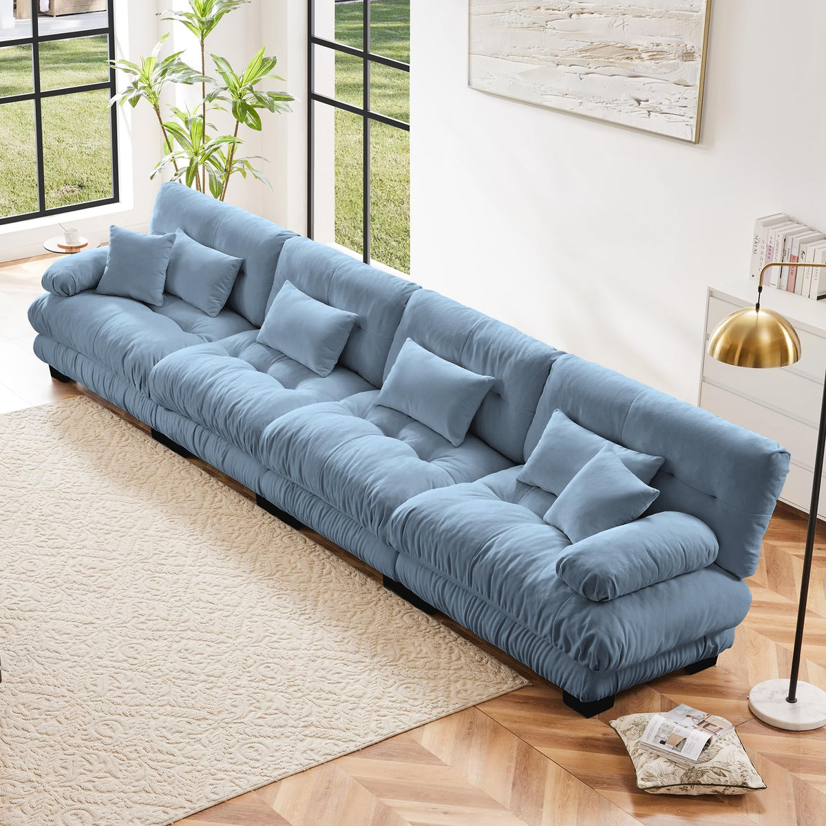 130" Modular Sectional Sofa,Velvet Upholstered Couches for Living Room,3 Seater Green Sofa Couch with Movable Ottoman,Big Comfy Loveseat Sofa with Deep Seats for Living Room,Apartment,Bedroom