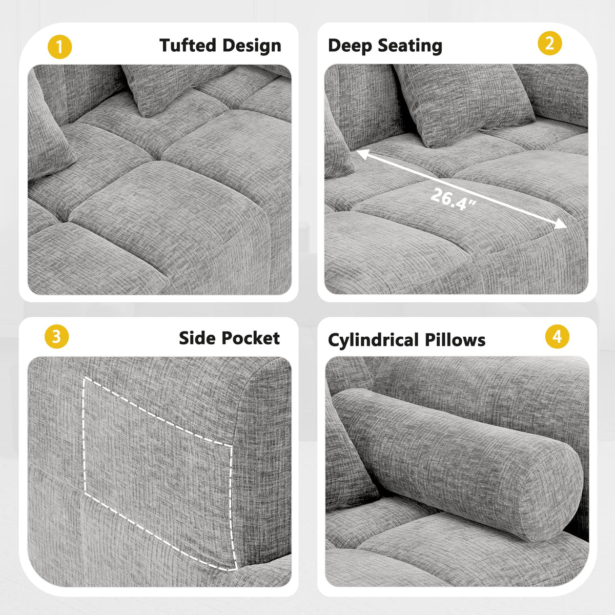 101.2" L-Shaped Sectional Sofa | Chaise Deep Seat | Chenille 3-Seater Sofa with Pillows & 2 Side Pockets| Light Grey Living Room Furniture| Modular Compressed Couch