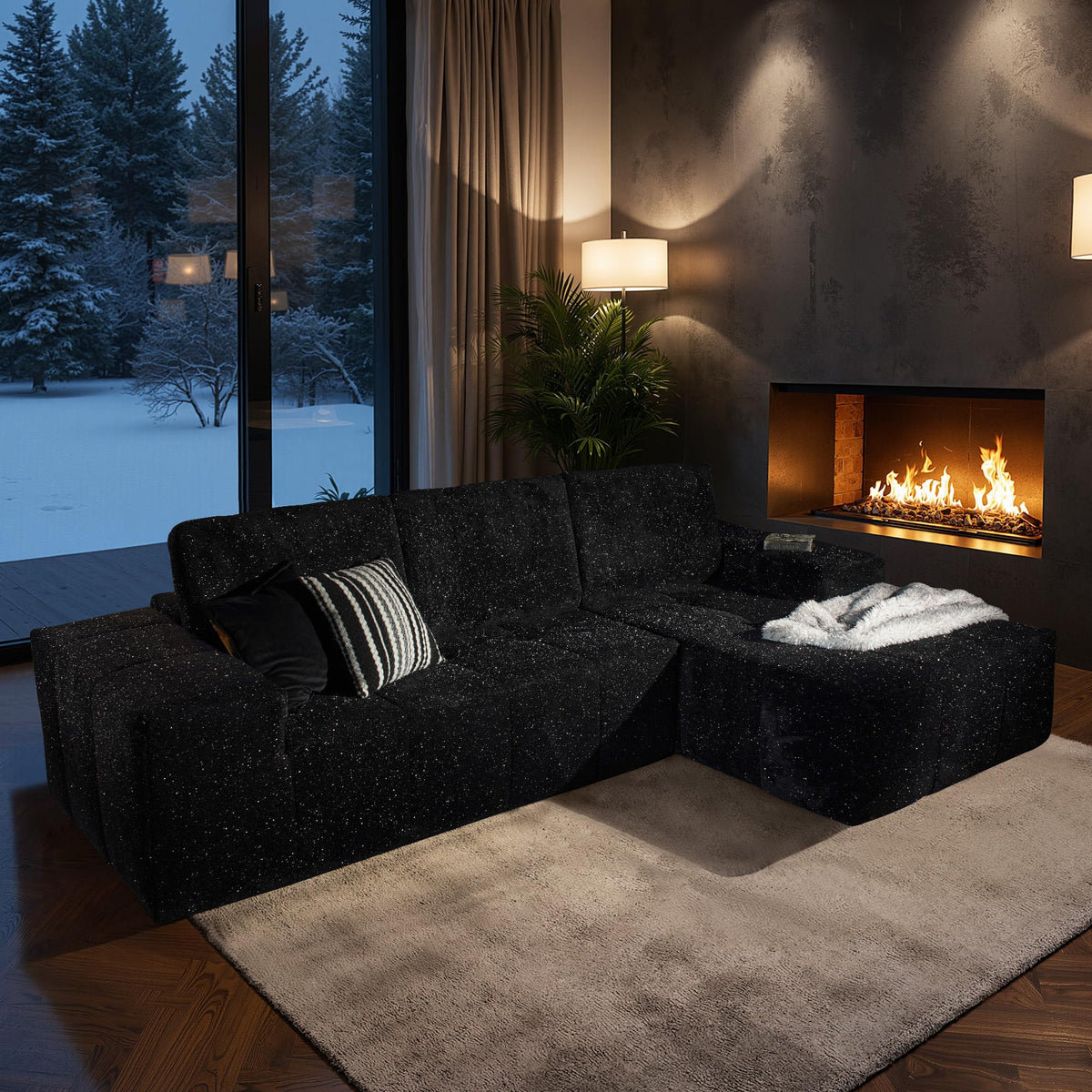 114" L Shaped Cloud Couches with Chaise,Right Facing Modular Sectional Sofa,Glitter Fabric Couch with Deep Seats for Living Room,Bedroom and Apartment,No Assembly Required,Black