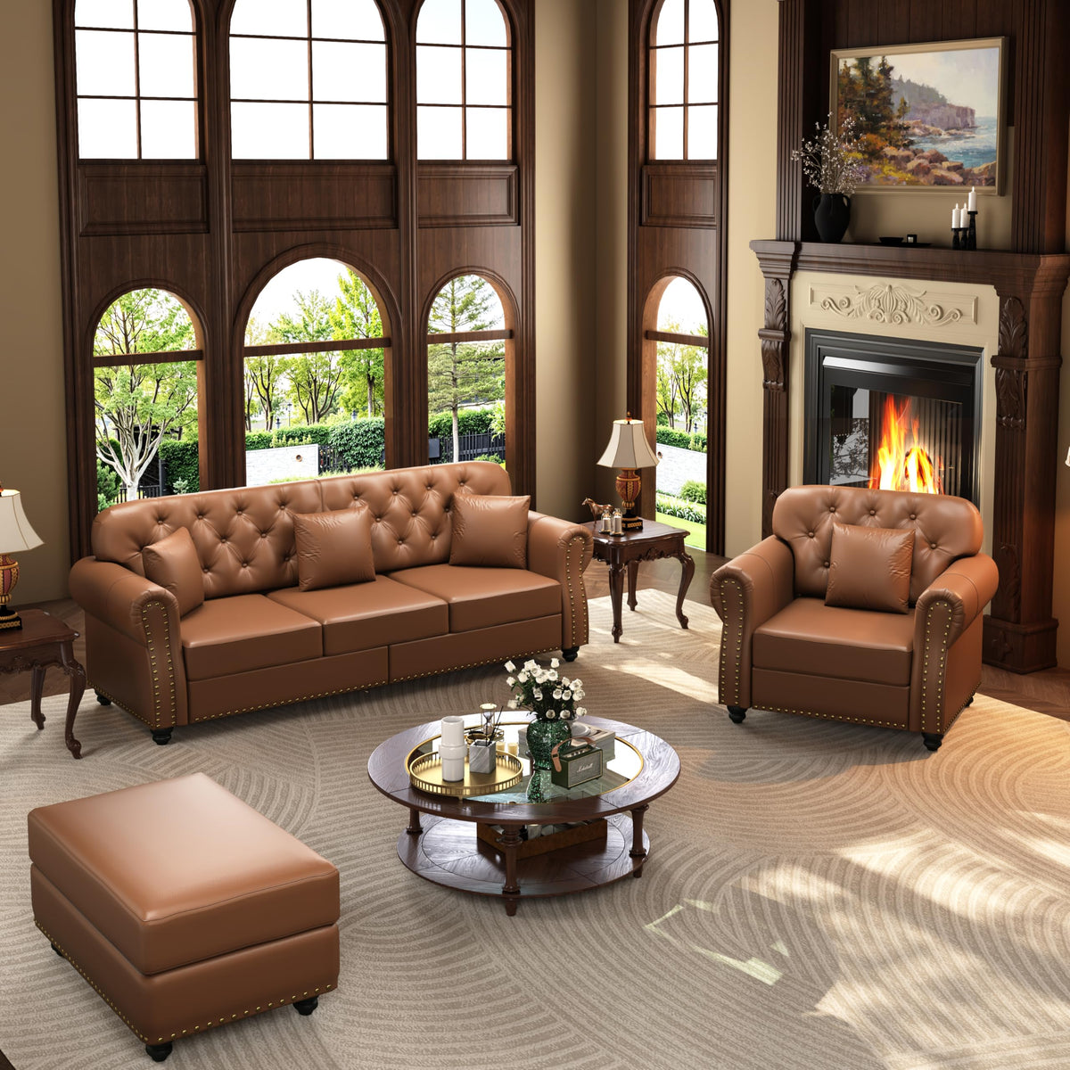 Velvet Chesterfield Sofa with Rolled Arms & Nailhead Trim, Modular Sectional Sofa Couches, Modern Cloud Sofa with Button Tufted, for Living Room, Bedroom, Small Space