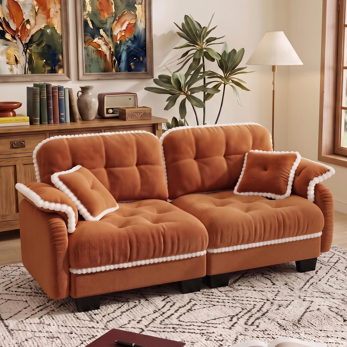 100.7" Chenille Cloud 3-Seater Sofa, Tufted Deep Seat Couch with Pom-Pom Trim & 4 Pillows, Ergonomic Easy Assembly Modular Sofa for Living Room & Apartment（Green ）
