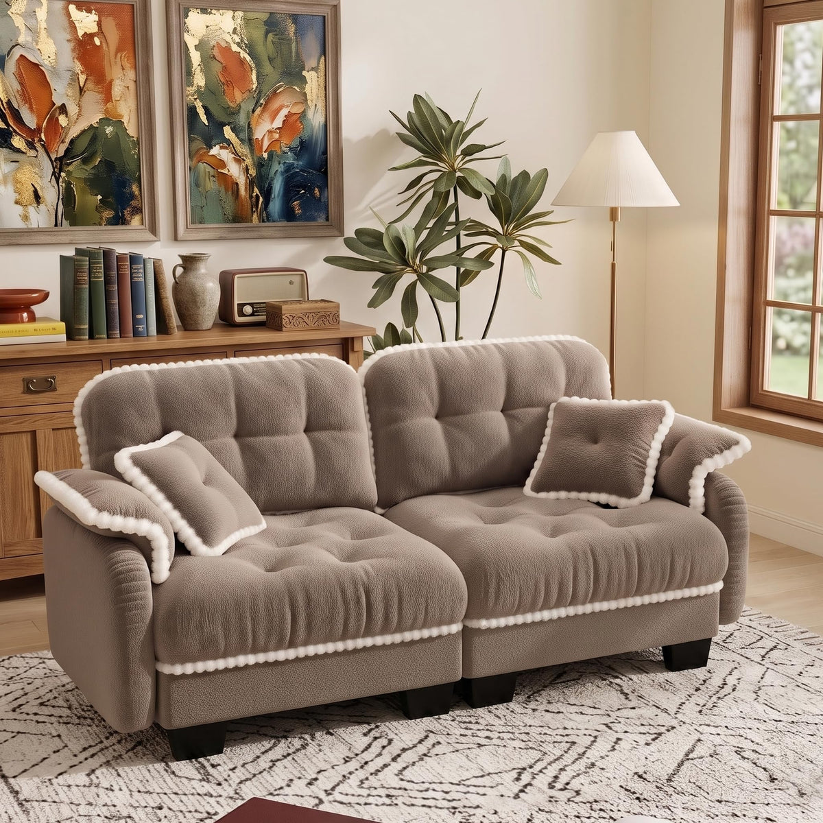100.7" Chenille Cloud 3-Seater Sofa, Tufted Deep Seat Couch with Pom-Pom Trim & 4 Pillows, Ergonomic Easy Assembly Modular Sofa for Living Room & Apartment（Green ）