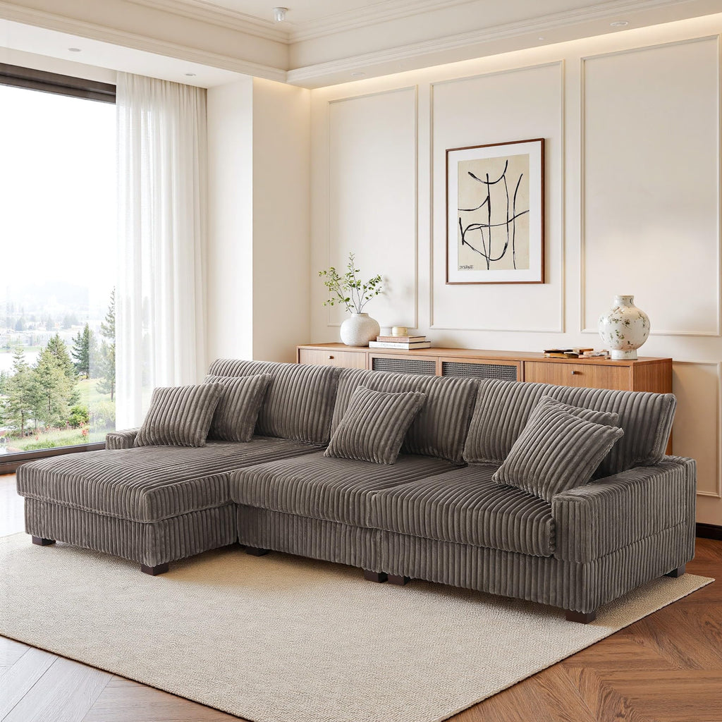 118.3" L-Shaped Modular Sectional Sofa with Chaise, Comfy Corduroy Fluffy Couch with Deep Seat, Flexible Module Combination for Living Room, Cotton Flannel Light Brown